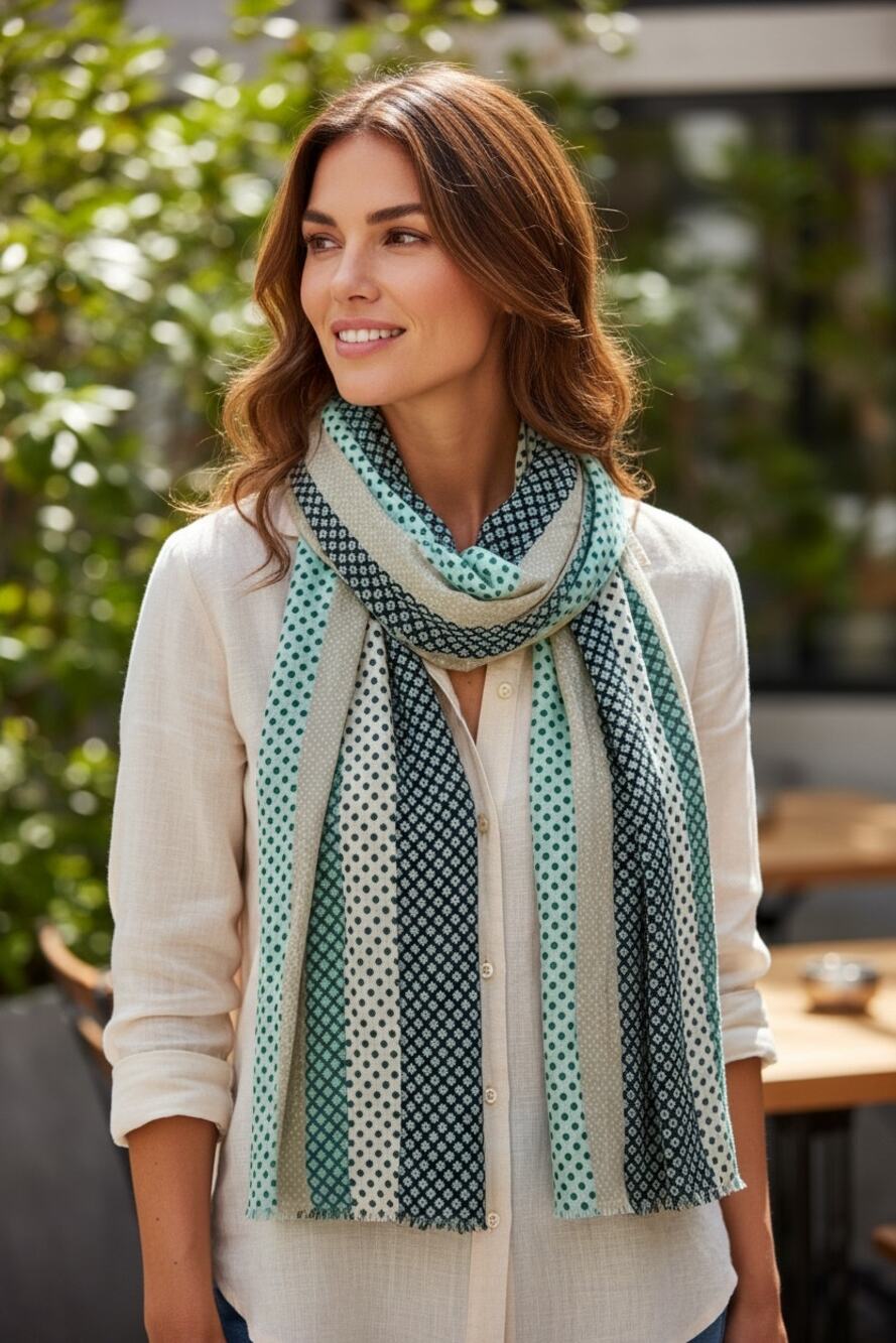 Boho Indie Long Woman's Scarf 28"x 69"  Green Blue Dots Casual Whimsycore Farm